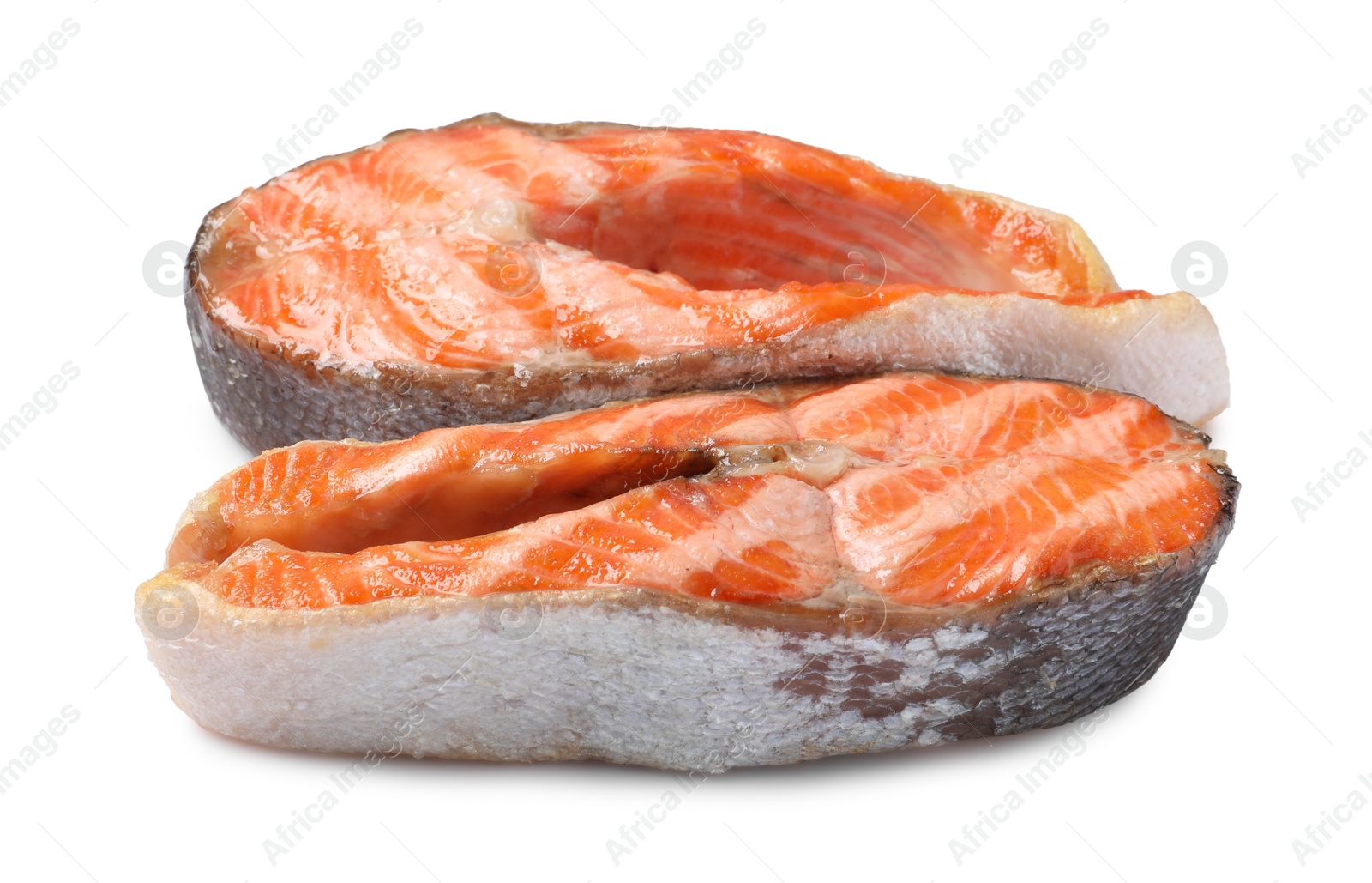 Photo of Tasty grilled salmon steaks isolated on white