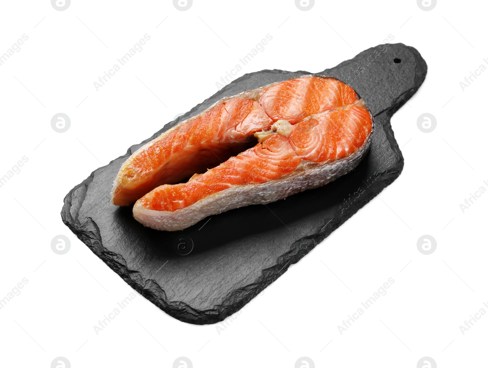 Photo of Tasty grilled salmon steak isolated on white