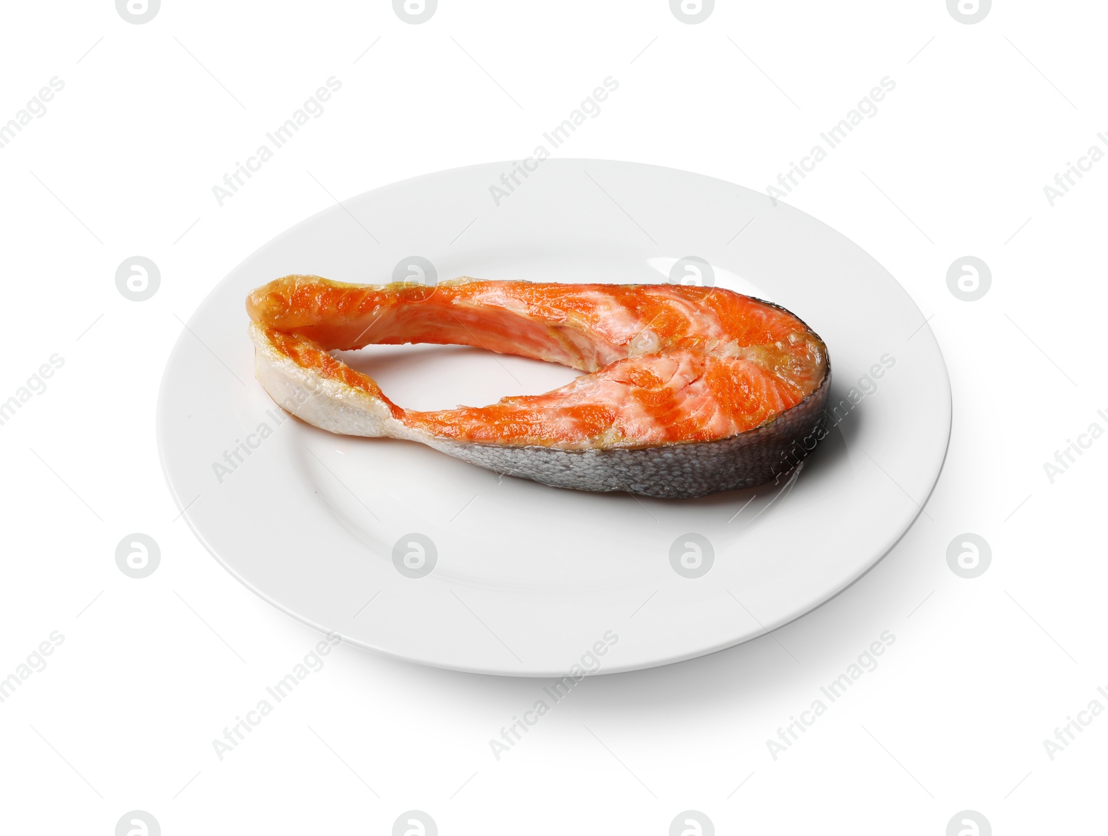 Photo of Tasty grilled salmon steak isolated on white