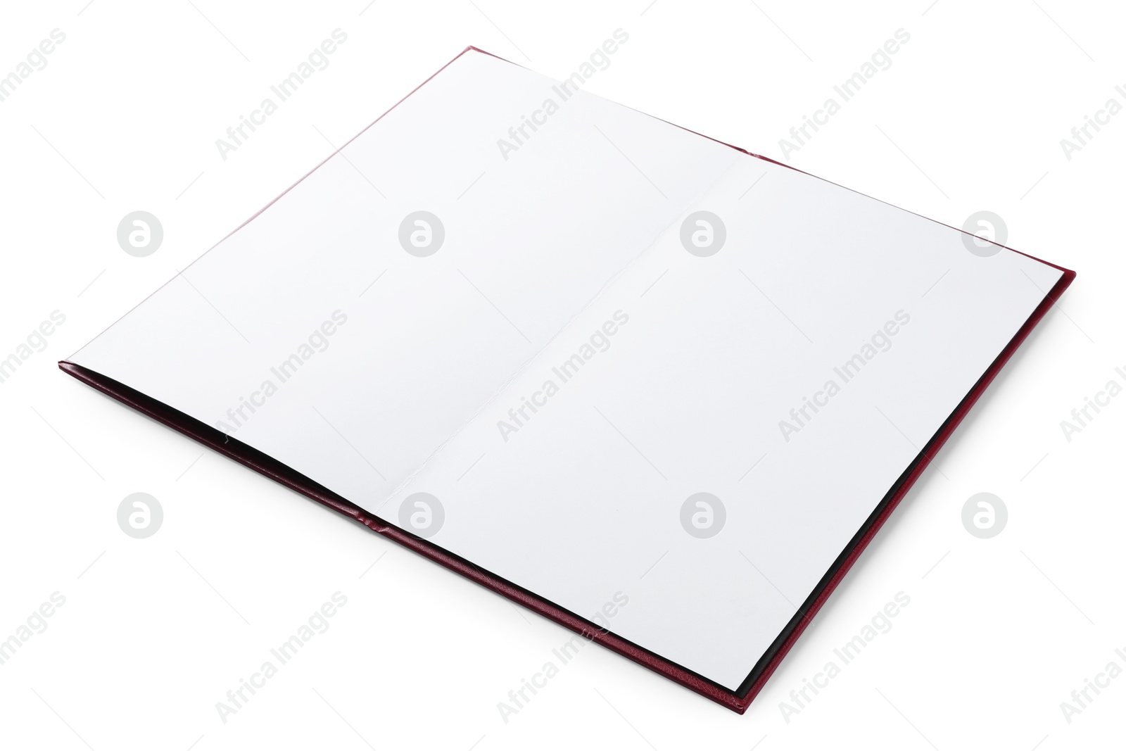 Photo of Open cover with empty sheets isolated on white. Mockup for design