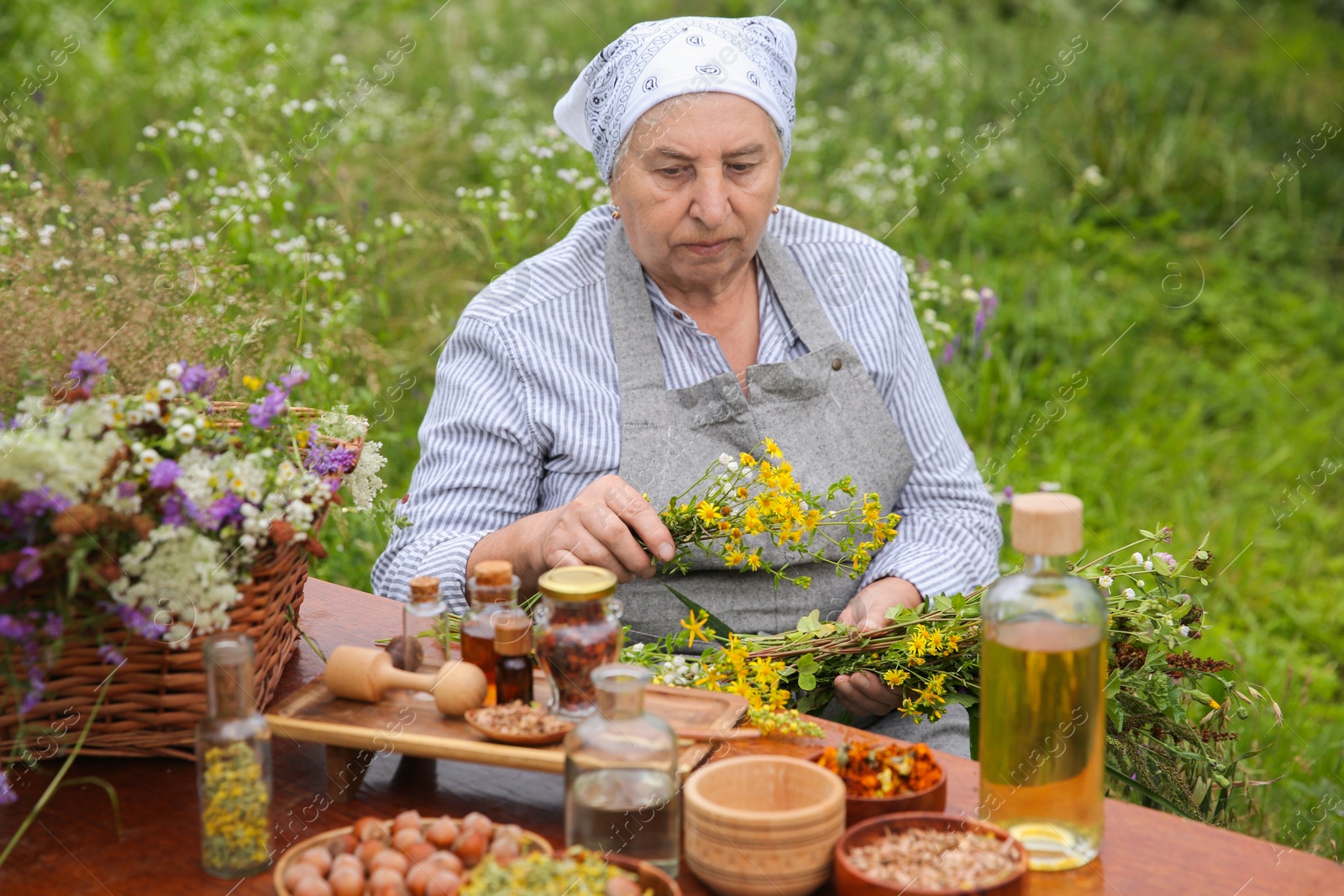 Photo of Senior woman with different ingredients for tincture at wooden table outdoors