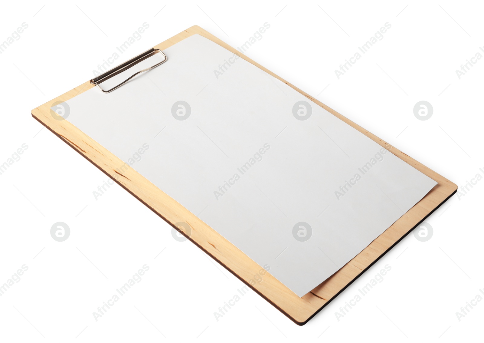 Photo of Clipboard with empty paper isolated on white. Mockup for design