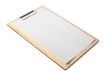 Photo of Clipboard with empty paper isolated on white. Mockup for design