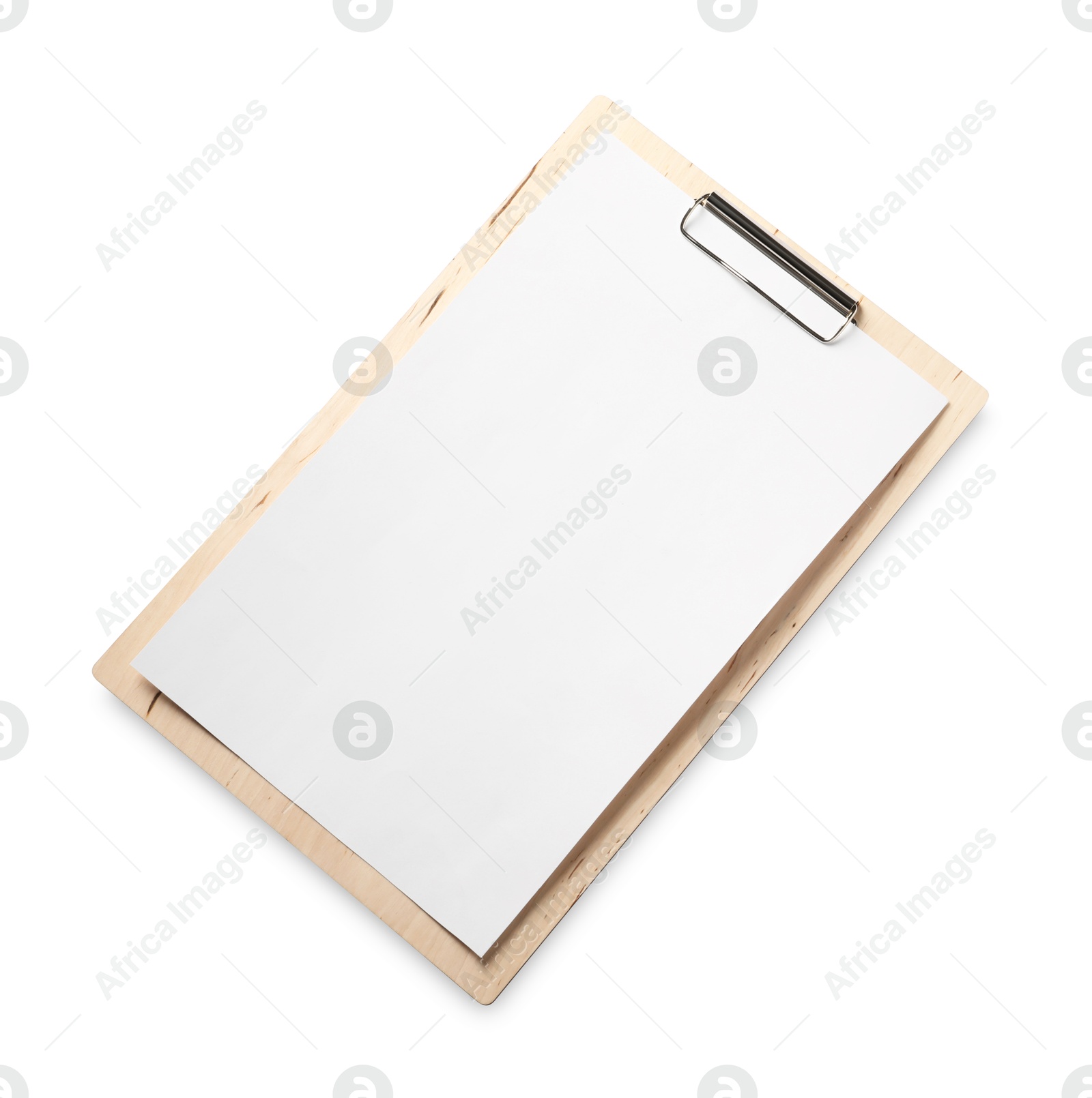 Photo of Clipboard with empty paper isolated on white, top view. Mockup for design