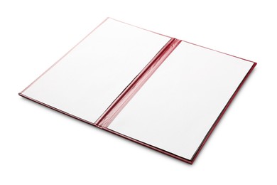 Photo of One hardcover notebook with blank sheets isolated on white. Mockup for design