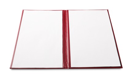 Photo of One hardcover notebook with blank sheets isolated on white. Mockup for design