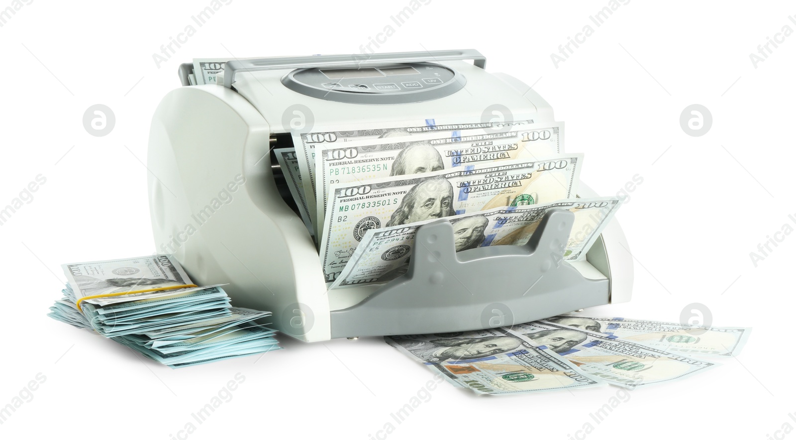 Photo of Money counter machine and dollar banknotes isolated on white