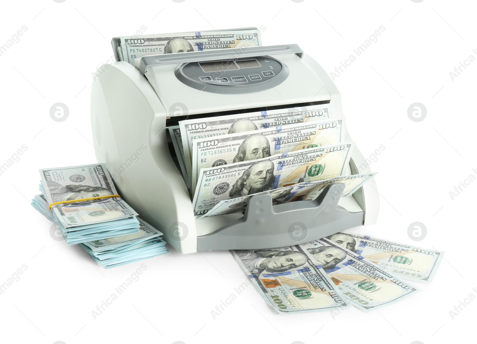 Photo of Money counter machine and dollar banknotes isolated on white