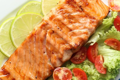 Photo of Delicious grilled salmon fillet with vegetable salad and lime on plate, closeup