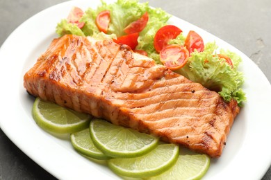 Delicious grilled salmon fillet with vegetable salad and lime on grey table, closeup