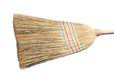 Photo of One straw broom isolated on white. Cleaning tool