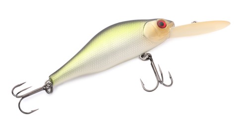 Photo of One fishing lure isolated on white, top view