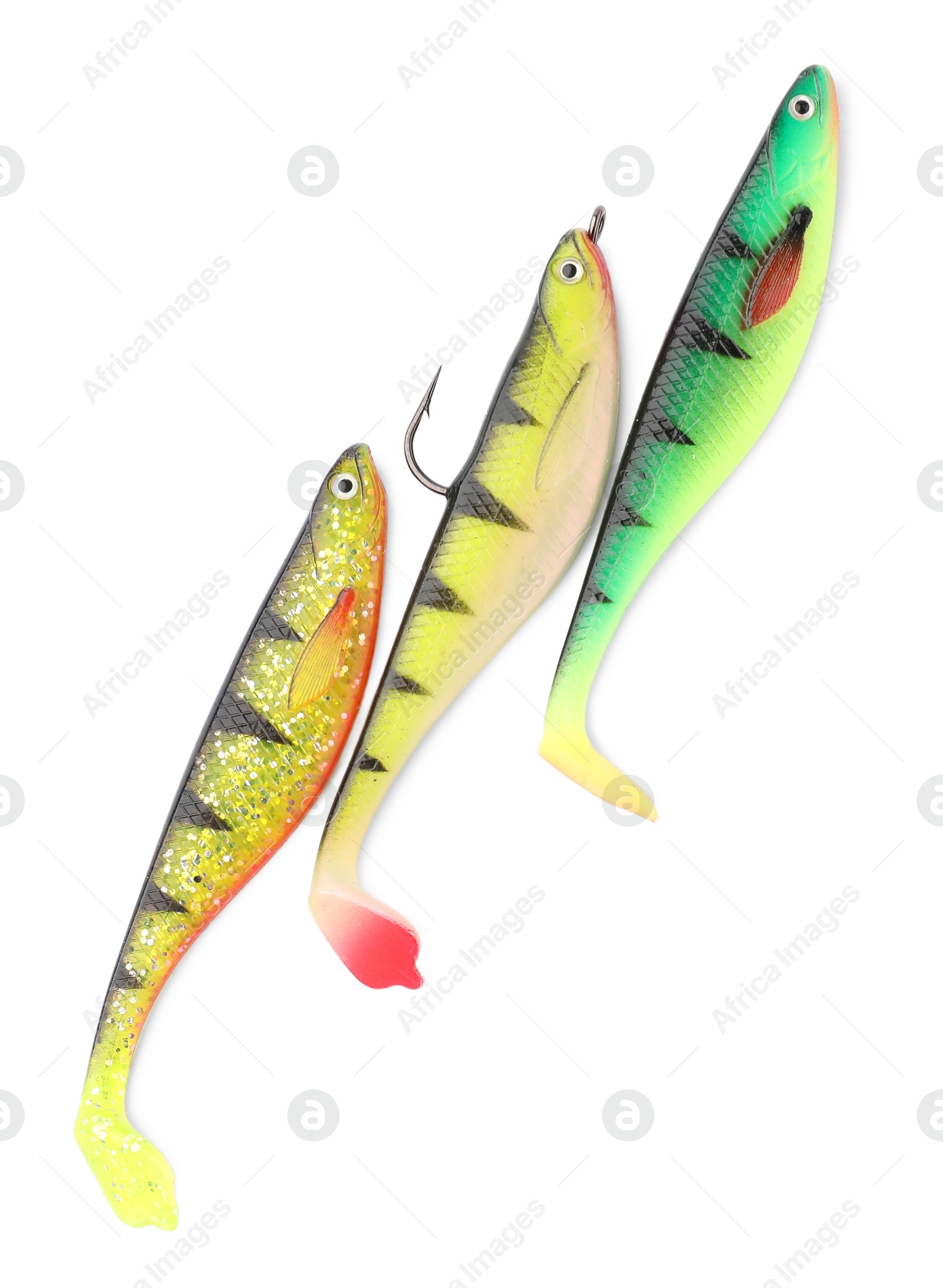 Photo of Fishing lures isolated on white, top view