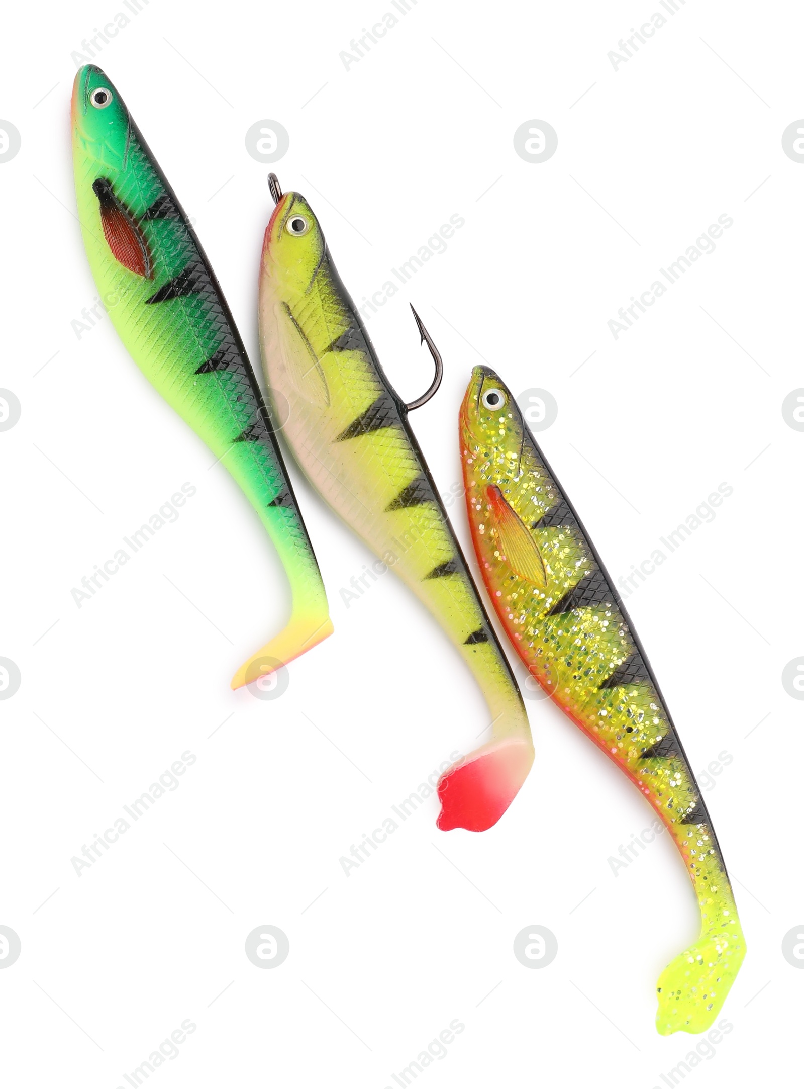 Photo of Fishing lures isolated on white, top view