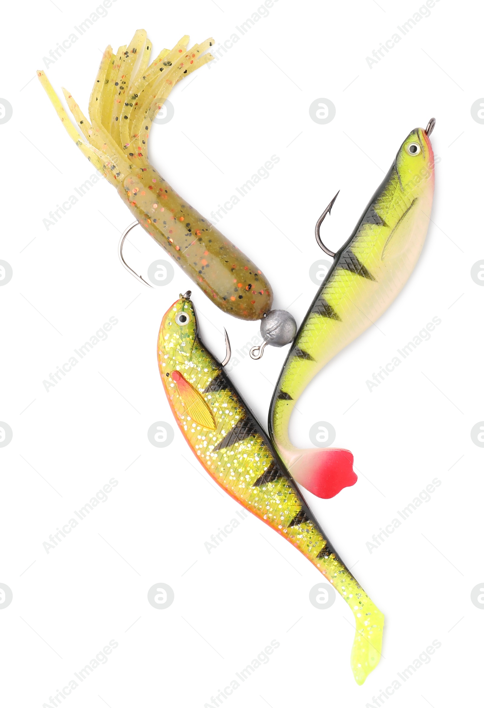 Photo of Fishing lures isolated on white, top view