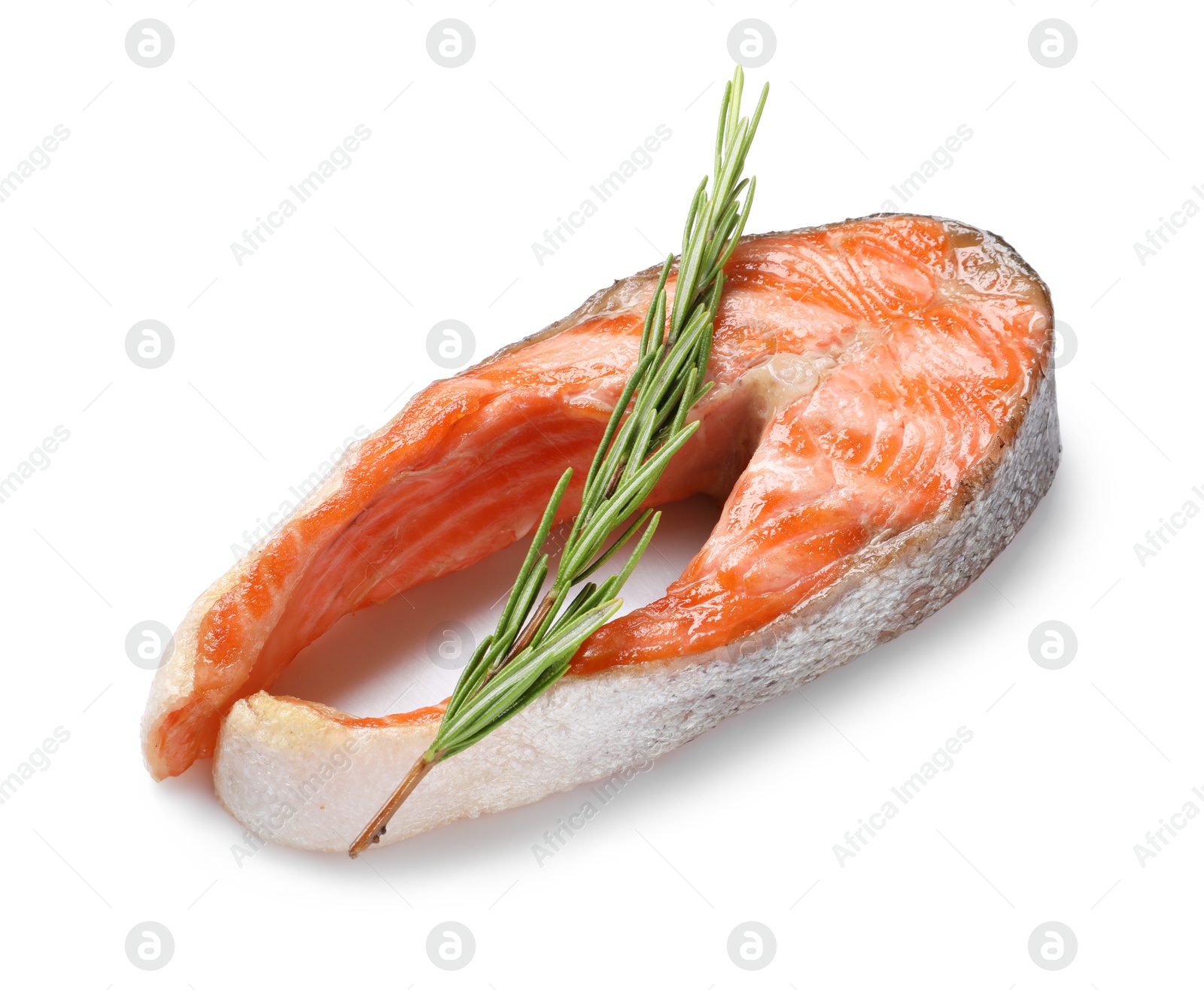 Photo of Tasty grilled salmon steak and rosemary isolated on white