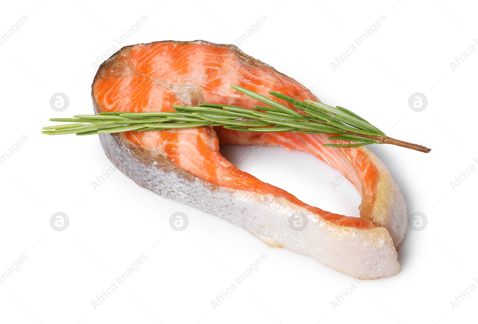 Photo of Tasty grilled salmon steak and rosemary isolated on white