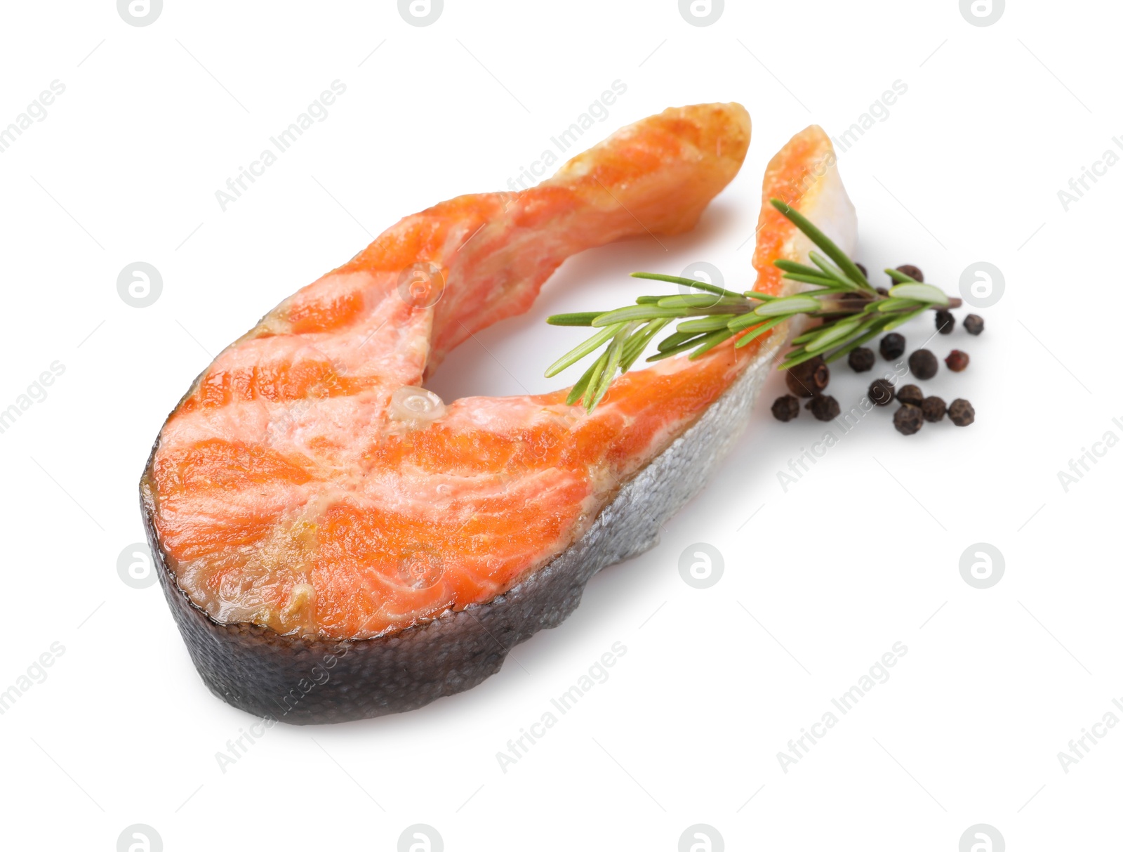 Photo of Tasty grilled salmon steak and spices isolated on white