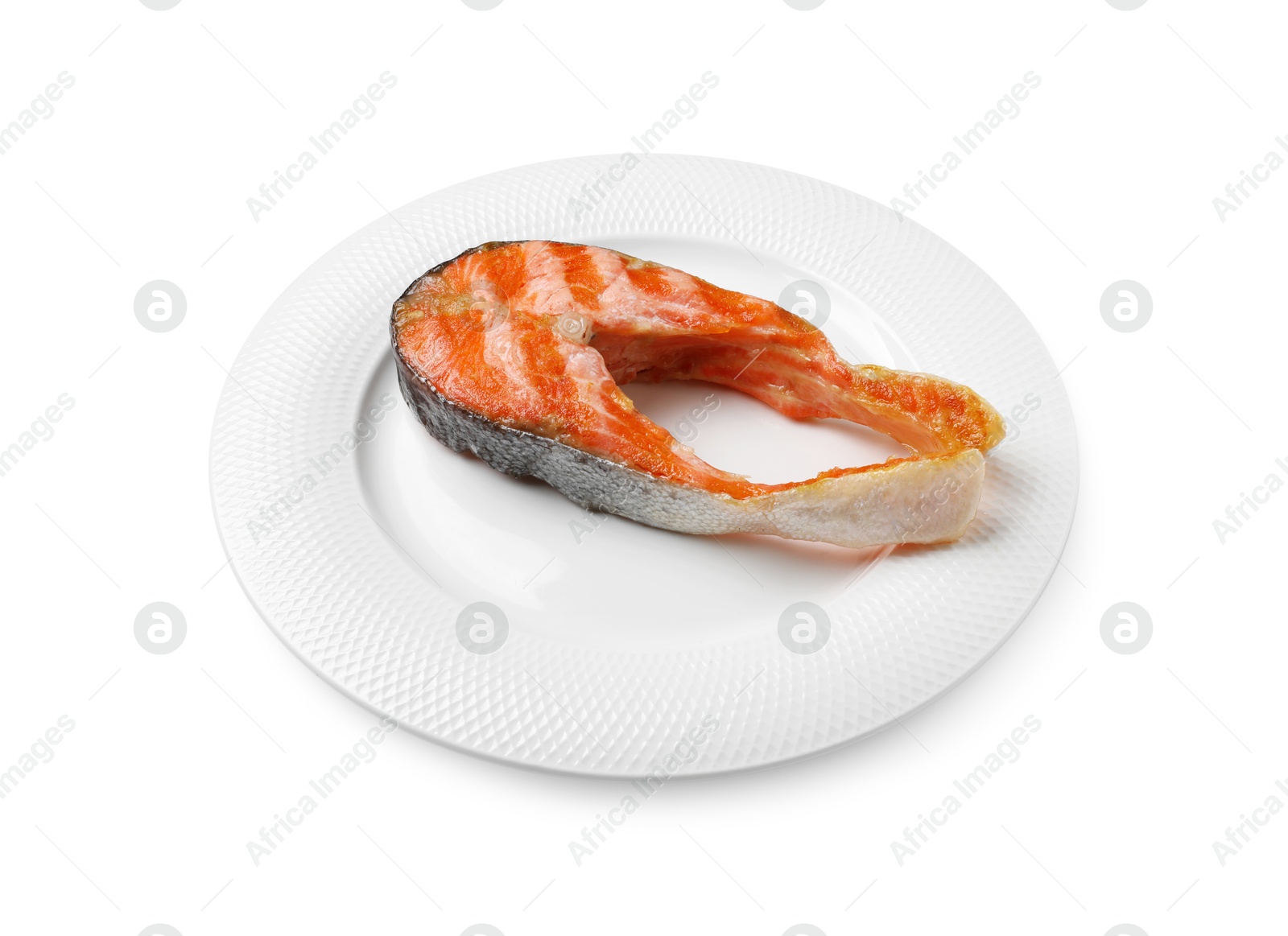 Photo of Tasty grilled salmon steak isolated on white