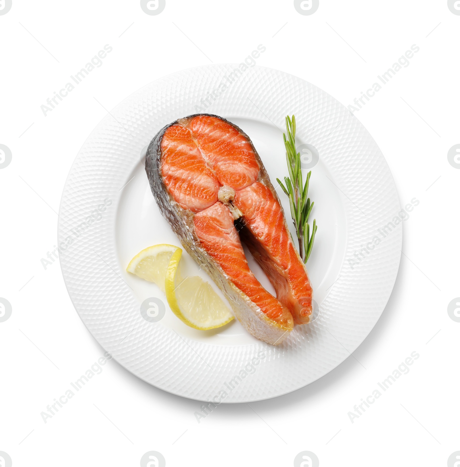 Photo of Tasty grilled salmon steak and rosemary isolated on white, top view