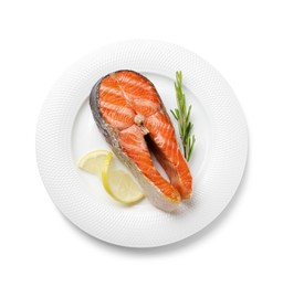 Photo of Tasty grilled salmon steak and rosemary isolated on white, top view