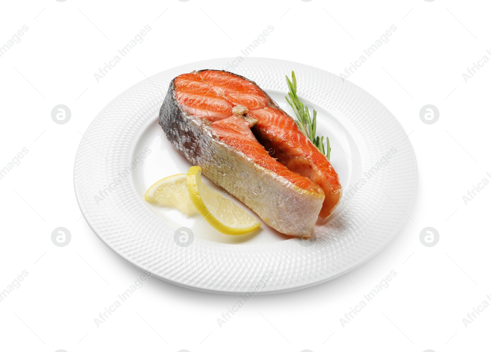 Photo of Tasty grilled salmon steak and rosemary isolated on white