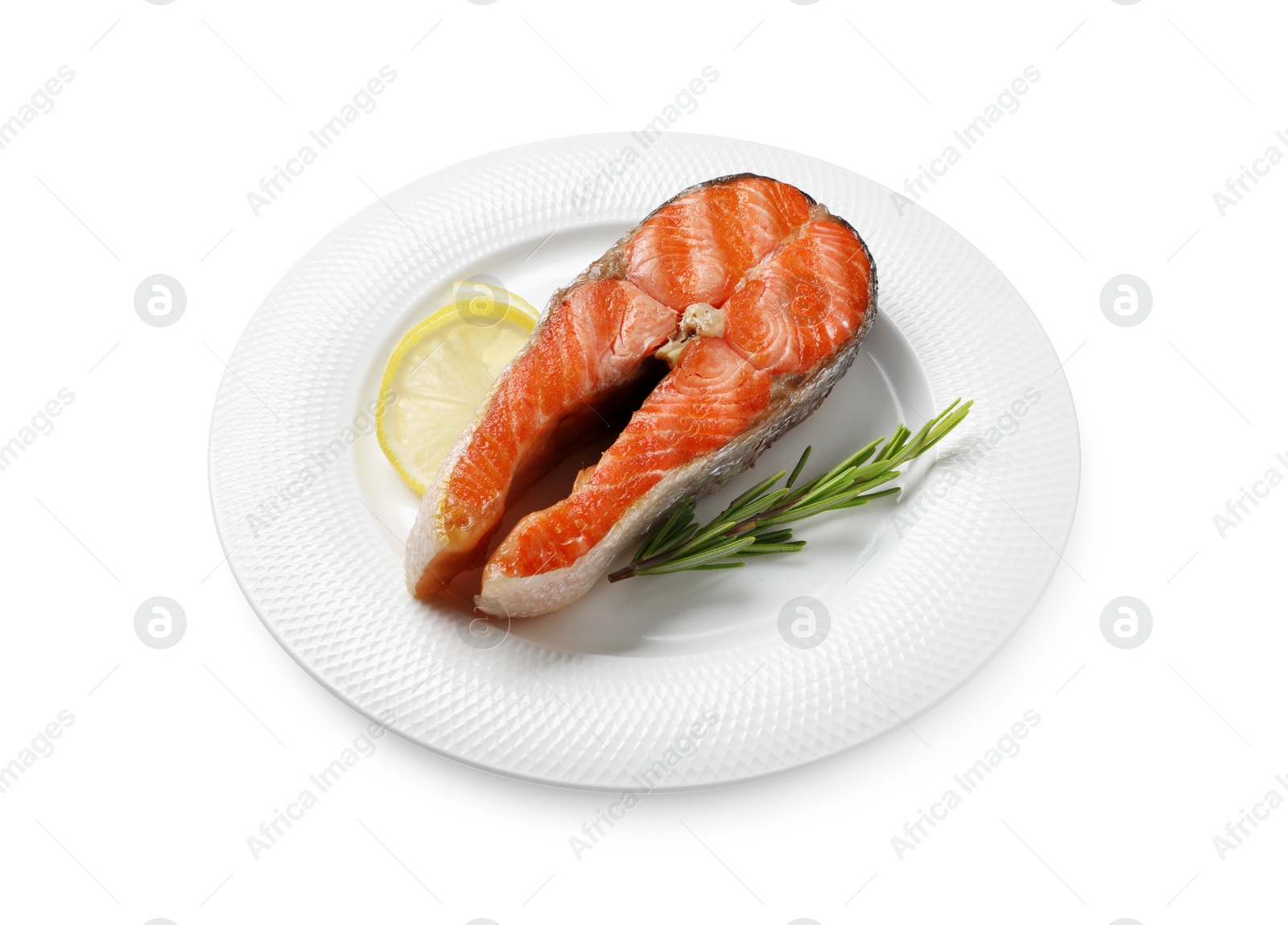 Photo of Tasty grilled salmon steak and rosemary isolated on white