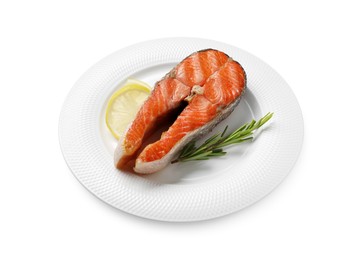 Photo of Tasty grilled salmon steak and rosemary isolated on white