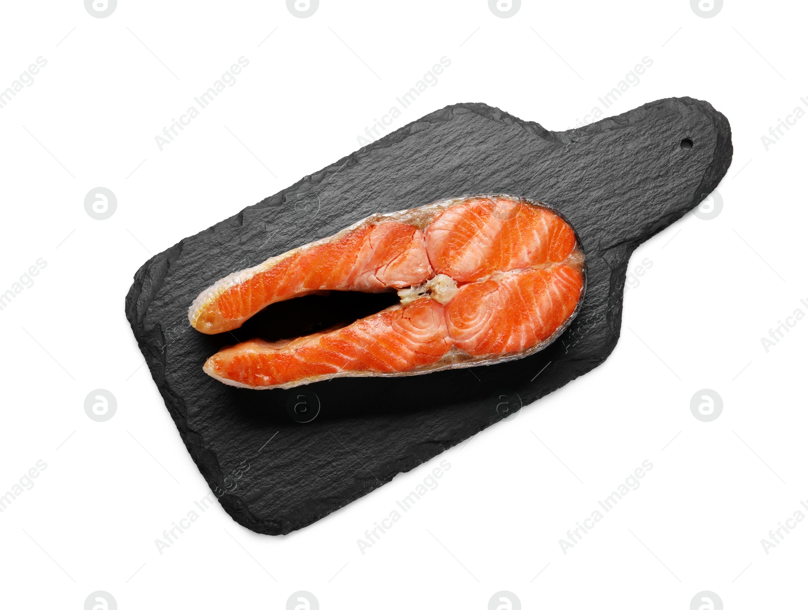 Photo of Tasty grilled salmon steak isolated on white, top view