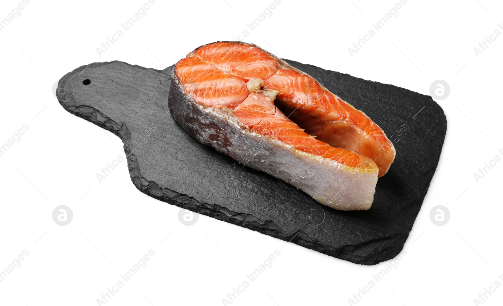 Photo of Tasty grilled salmon steak isolated on white