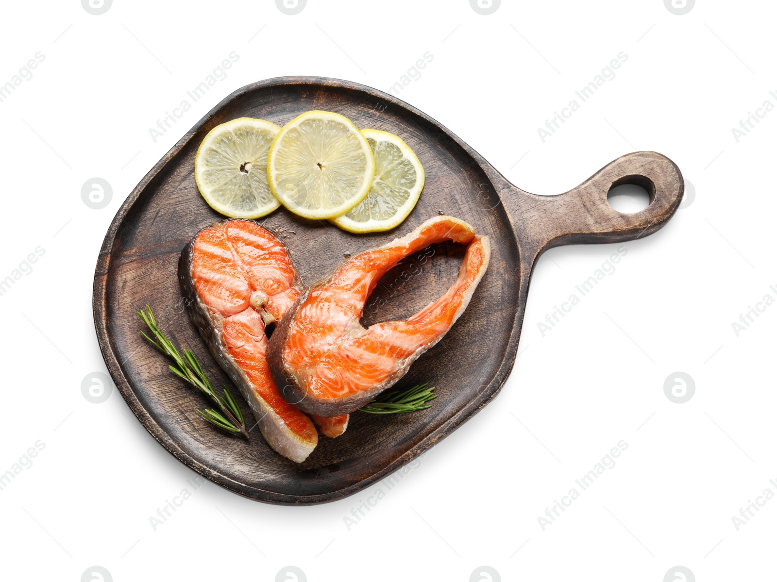 Photo of Tasty grilled salmon steaks, lemon and rosemary isolated on white, top view