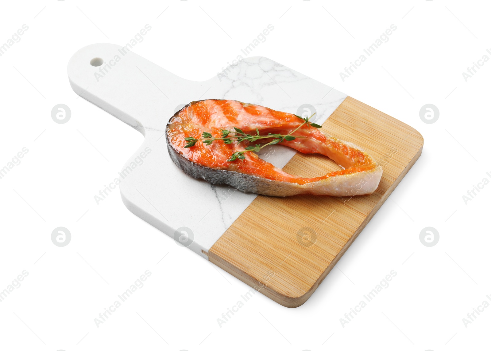 Photo of Tasty grilled salmon steak and thyme isolated on white