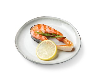 Photo of Tasty grilled salmon steak, lemon and rosemary isolated on white