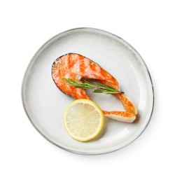 Photo of Tasty grilled salmon steak, lemon and rosemary isolated on white, top view