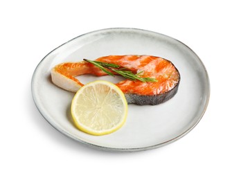 Photo of Tasty grilled salmon steak, lemon and rosemary isolated on white