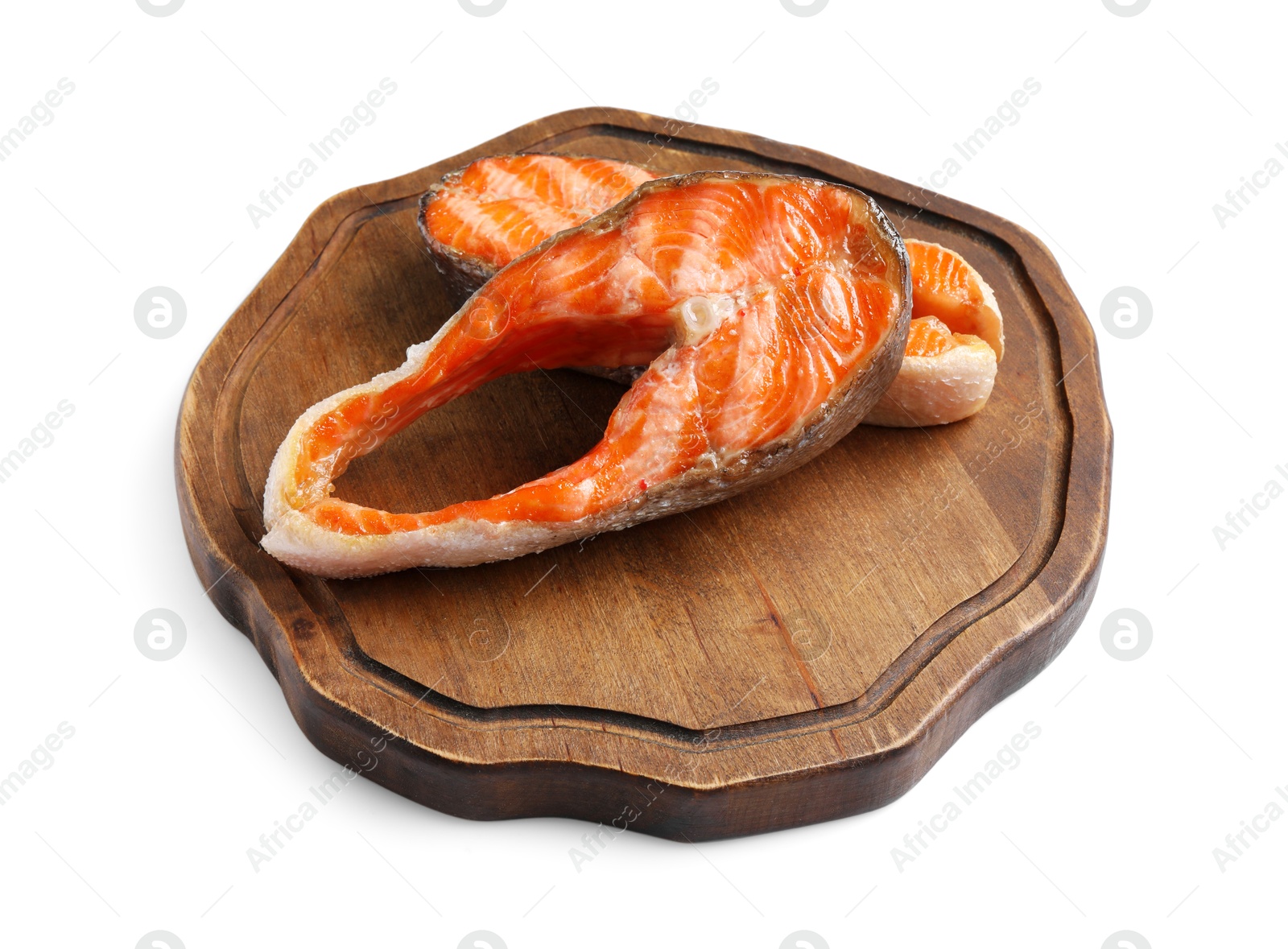 Photo of Tasty grilled salmon steaks isolated on white