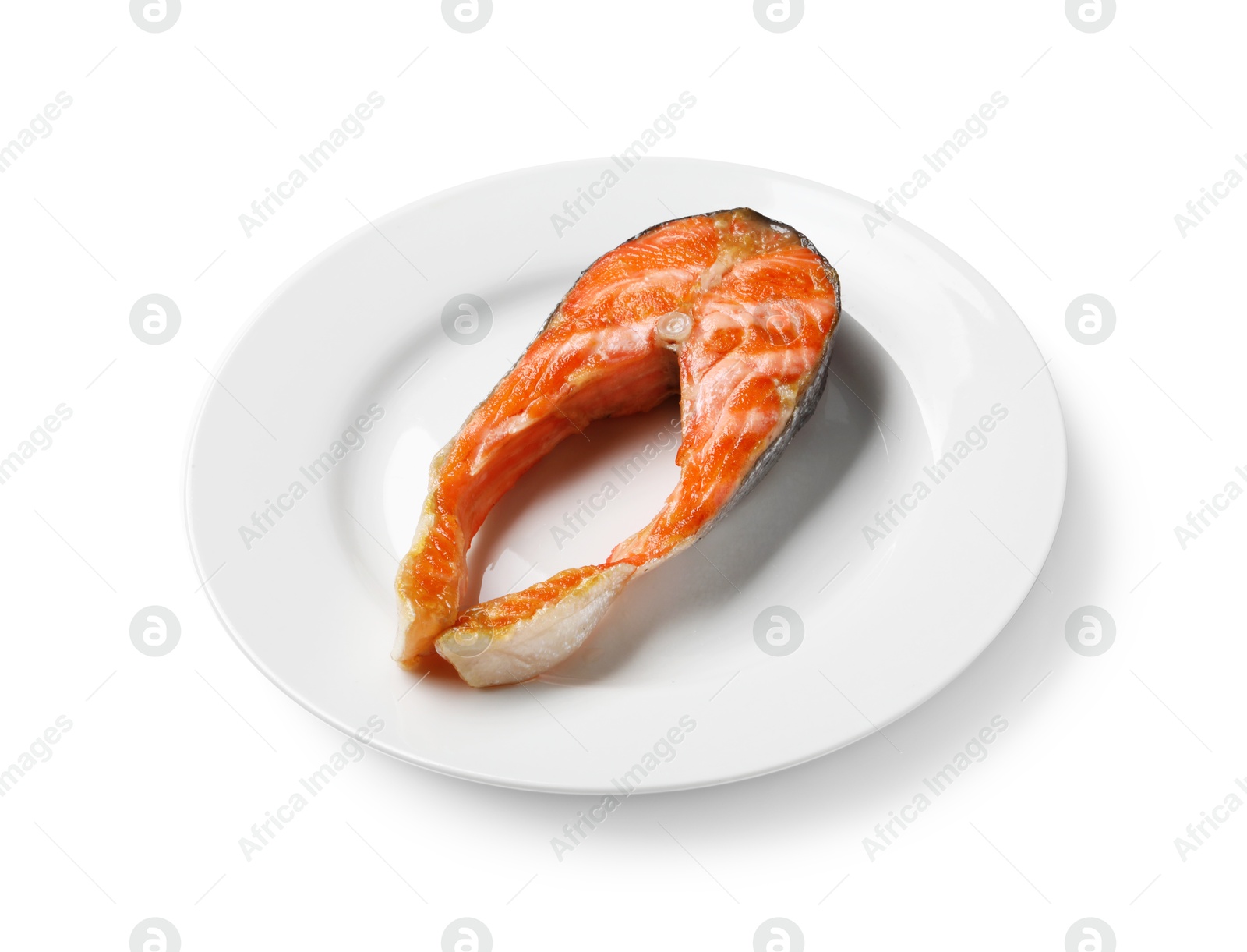 Photo of Tasty grilled salmon steak isolated on white