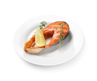 Photo of Tasty grilled salmon steak, lemon and thyme isolated on white