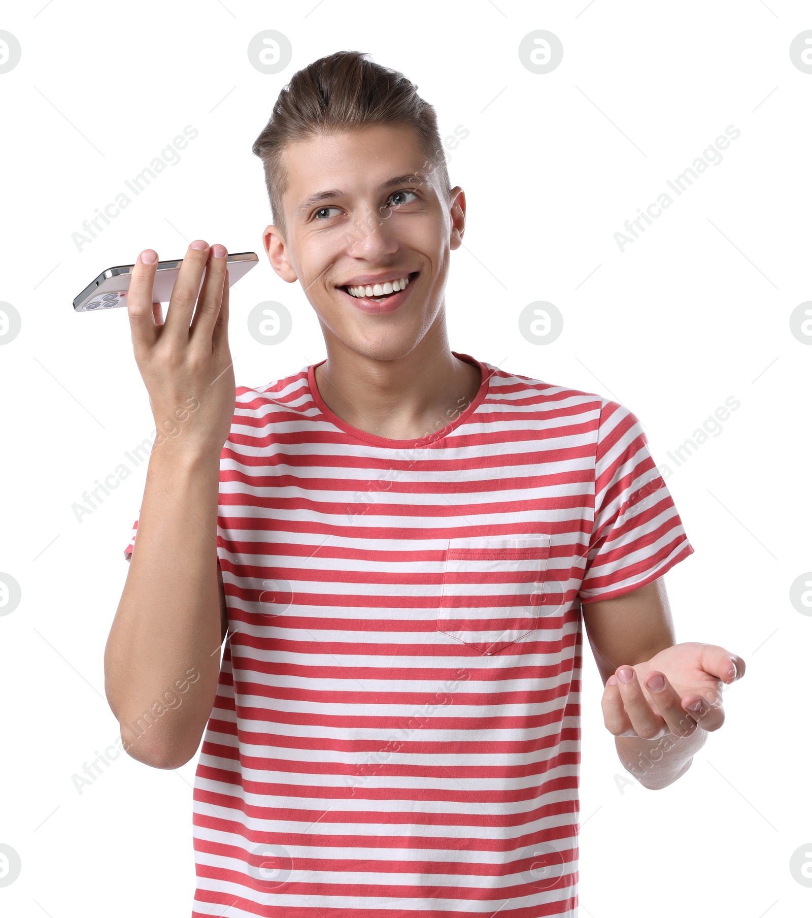 Photo of Young man with smartphone listening to voice message on white background