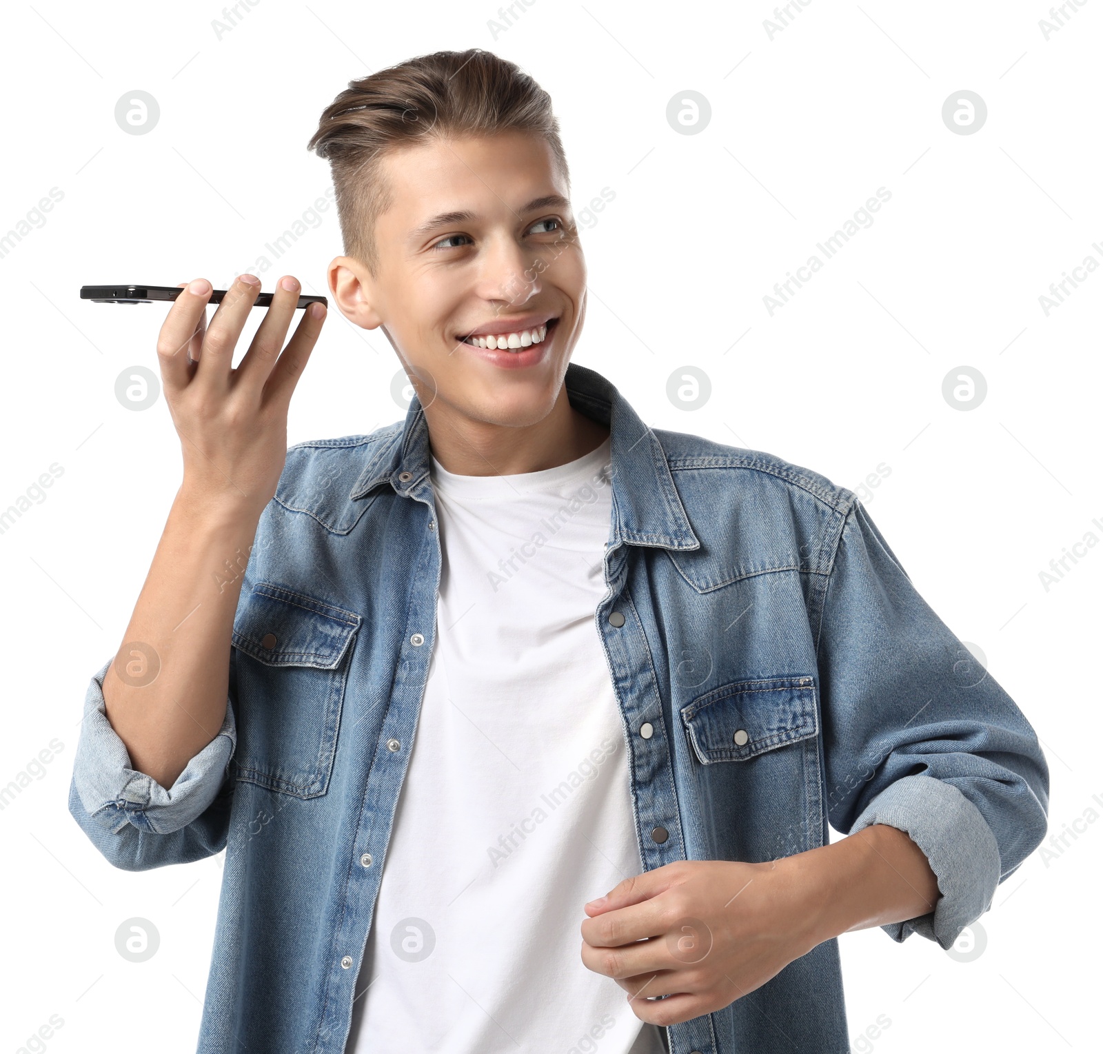 Photo of Young man with smartphone listening to voice message on white background