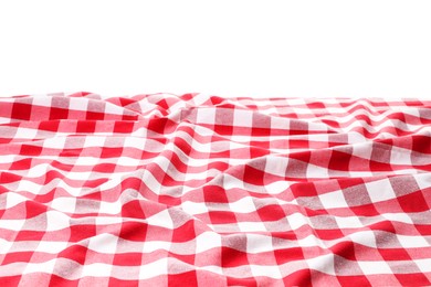 Photo of Crumpled tablecloth with checkered pattern isolated on white