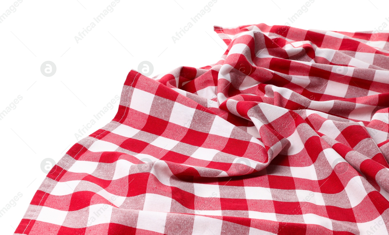 Photo of Crumpled tablecloth with checkered pattern isolated on white