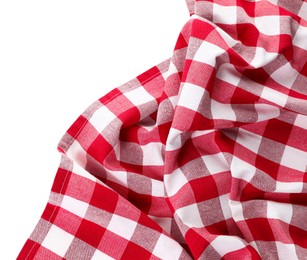 Photo of Crumpled checkered tablecloth isolated on white, top view