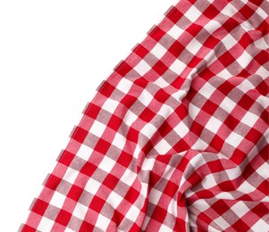 Photo of Crumpled checkered tablecloth isolated on white, top view