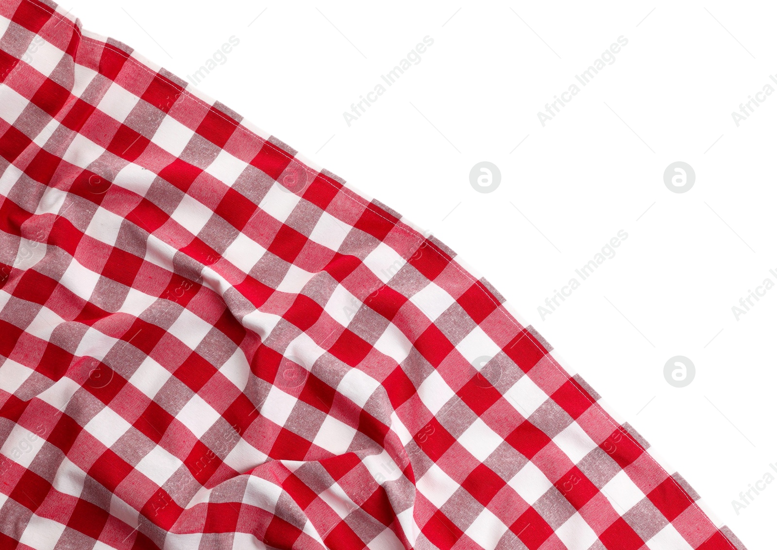 Photo of Crumpled checkered tablecloth isolated on white, top view