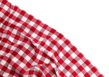 Photo of Crumpled checkered tablecloth isolated on white, top view