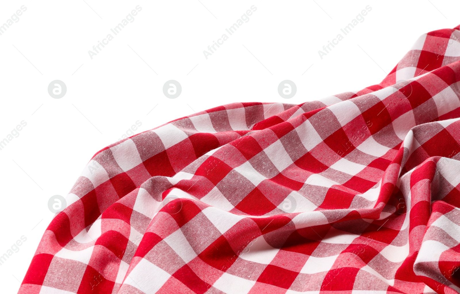 Photo of Crumpled tablecloth with checkered pattern isolated on white