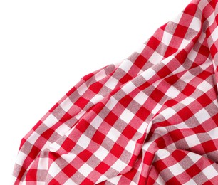 Photo of Crumpled checkered tablecloth isolated on white, top view