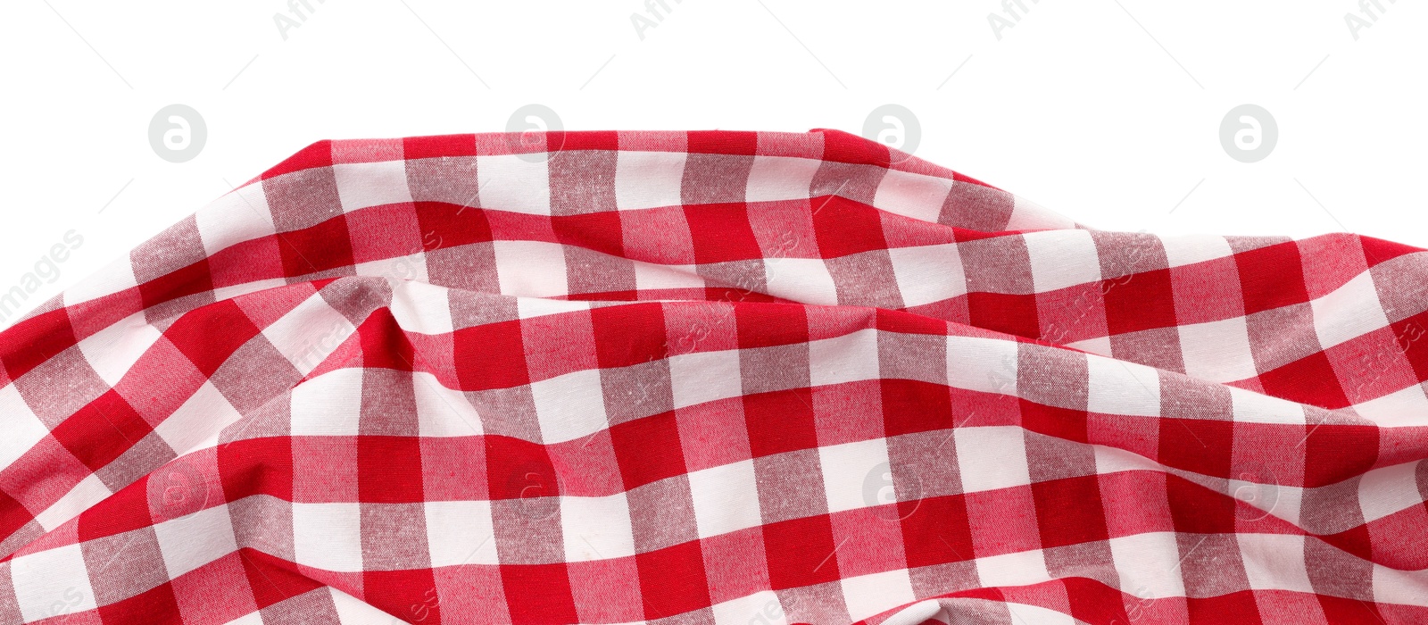 Photo of Crumpled checkered tablecloth isolated on white, top view