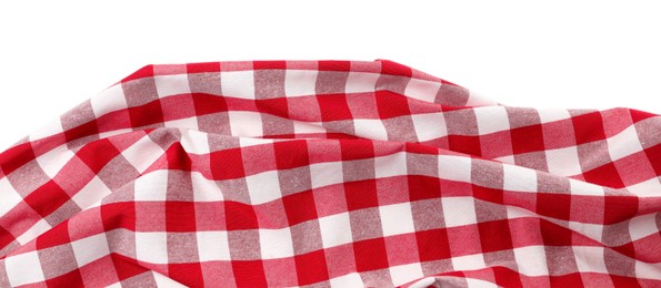 Photo of Crumpled checkered tablecloth isolated on white, top view